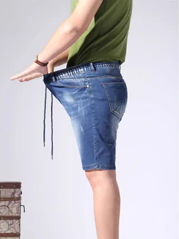 Ανδρικά Casual Denim Shorts Υψηλής Ελαστικότητας Πλυμένο Μπλε Ίσιο Μήκος Γόνατος Μείγμα Βαμβακιού Κορδόνι στη Μέση Μεγάλο Μέγεθος Jeans Shorts
