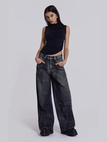 Dames Retro Engel Vleugel Print Wijde Pijp Jeans Verweerde Denim Broek Met Strass Klinknagels Streetwear