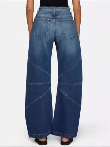 Women's Vintage Paneled Wide Leg Jeans High Waist Washed Denim Straight Casual Pants Retro Patchwork Splicing Streetwear Trousers