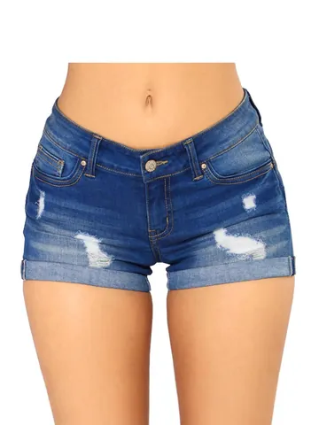 Pantaloncini di Jeans Distressed da Donna Sexy a Vita Alta Strappati in Misto Cotone Orlo Risvoltato Hot Pants Estate Casual