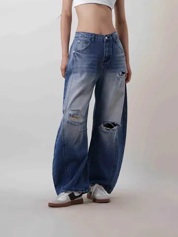 Women Retro High Waist Ripped Wide Leg Jeans Cotton Blend Distressed Baggy Denim Pants With Button Fly Streetwear