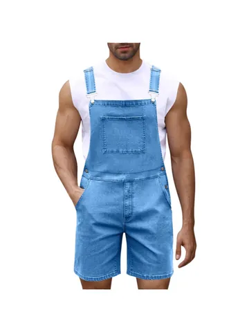 Men's Casual Denim Overalls Shorts With Adjustable Straps Multi-Pocket Workwear Jumpsuit Summer Fashion Shorts For Men