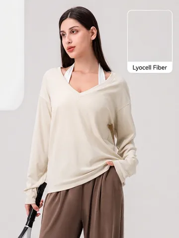 Women's V-Neck Long Sleeve Lyocell Cotton Blend Yoga T-Shirt Loose Fit Breathable Soft Activewear Gym Running Workout Top