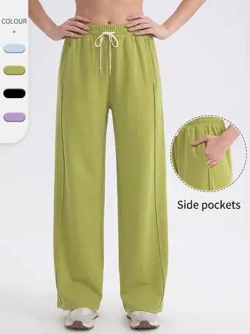 Damen Hohe Taille Weites Bein Yogahose Baumwollmischung Kordelzug Locker Gerade Sporthose Lässig Laufen Fitness Hose