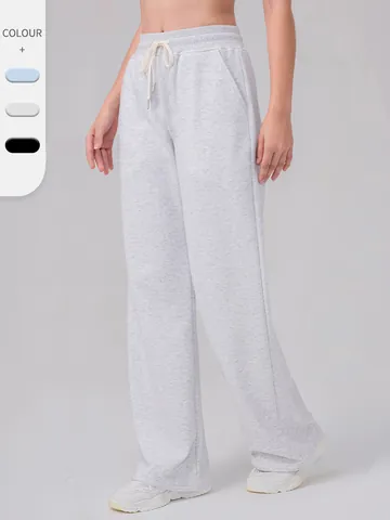 Women's High Waist Wide Leg Sports Pants Cotton Blend Drawstring Loose Casual Yoga Joggers With Pockets Warm Breathable Fitness Trousers