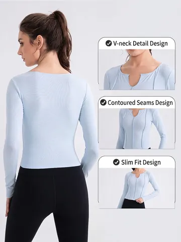 Dames Slim Fit Yoga Sport Top Ingesneden Halslijn Lange Mouwen Ademend Hoge Stretch Ribgebreid T-Shirt