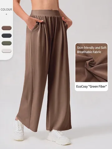 Dames Hoge Taille Wijde Sportbroek Losse Rechte Yoga Broek Zachte Viscose Mix Met Zakken Voor Casual Activewear Hardlopen