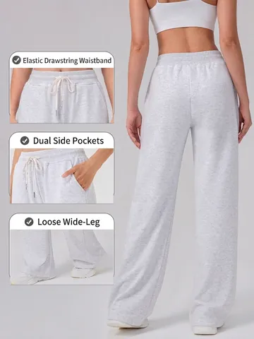 Women's High Waist Wide Leg Sports Pants Cotton Blend Drawstring Loose Casual Yoga Joggers With Pockets Warm Breathable Fitness Trousers
