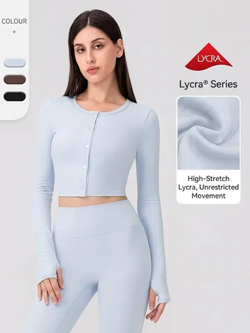 Women's High Elastic Yoga T-Shirt Long Sleeve Button Cardigan Slim Fit Workout Top With Thumbholes Sportswear