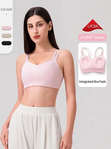 Damen Sport BH Mit Hoher Elastizität V-Ausschnitt Einteilige Feste Cups Polsterung Doppelte Dünne Riemen Yoga Fitness Top