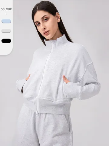 Giacca Sportiva Casual da Donna con Cerniera in Misto Cotone Collo in Piedi Yoga Corsa Fitness Top a Manica Lunga con Fori per il Pollice