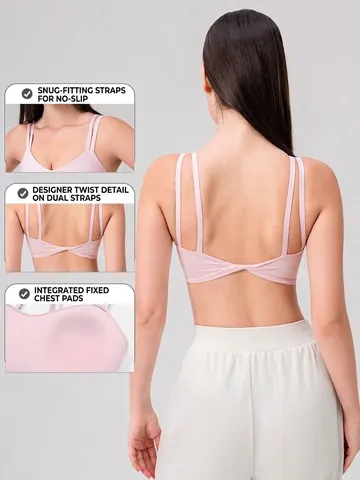 Damen Sport BH Mit Hoher Elastizität V-Ausschnitt Einteilige Feste Cups Polsterung Doppelte Dünne Riemen Yoga Fitness Top
