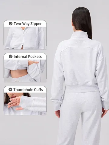 Giacca Sportiva Casual da Donna con Cerniera in Misto Cotone Collo in Piedi Yoga Corsa Fitness Top a Manica Lunga con Fori per il Pollice