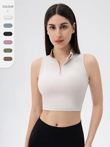 Women's Mock Neck Sleeveless Yoga Tank Top Front Zipper Slim Fit Sports Vest With Removable Chest Pads Fitness Activewear