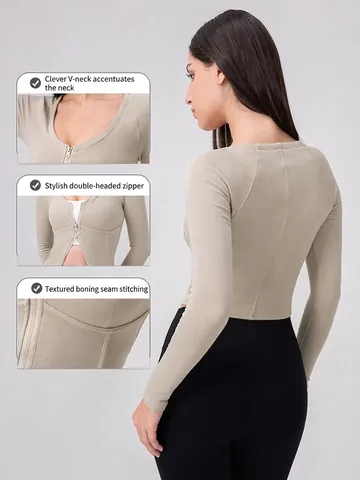 Women Slim Fit Ribbed Yoga Top Long Sleeve Sports Jacket With Double Zipper Brushed Fleece Lining Warm Fitness Crop Top
