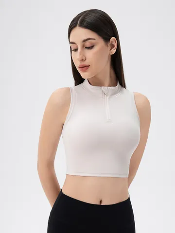 Women's Mock Neck Sleeveless Yoga Tank Top Front Zipper Slim Fit Sports Vest With Removable Chest Pads Fitness Activewear