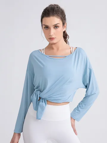 Women's Modal Yoga Long Sleeve Top Loose Breathable Fitness Workout T-Shirt With Side Slit Knot Cut-Out Neckline