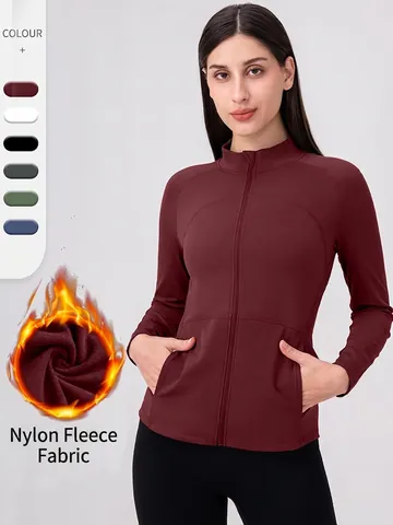 Chaqueta de Yoga Ajustada para Mujer con Cremallera Forro de Vellón Cuello Alto Manga Larga Correr Gimnasio Deporte Abrigo