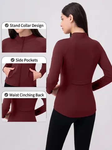 Chaqueta de Yoga Ajustada para Mujer con Cremallera Forro de Vellón Cuello Alto Manga Larga Correr Gimnasio Deporte Abrigo