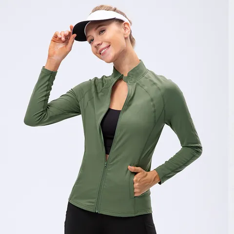 Women Slim Fit Yoga Jacket Long Sleeve Stand Collar Zipper Sportswear Nylon High Elastic Fitness Gym Running Top With Internal Hidden Pocket