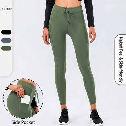 Pantaloni da Yoga a Vita Alta da Donna Con Coulisse Leggings Doppia Smerigliatura Effetto Nudo Tasche Laterali Pantaloni Fitness