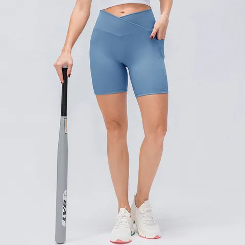 Women's High Waist Crossover Yoga Shorts With Side Pockets Ribbed Athletic Workout Running Fitness Shorts Nylon Spandex