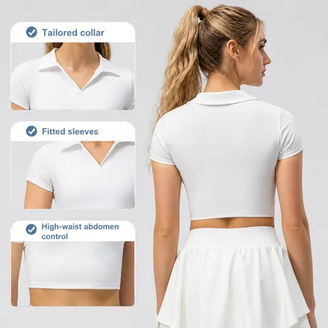 Γυναικείο Slim Fit Nylon Αθλητικό Μπλουζάκι Πόλο Κοντό Μανίκι Yoga Crop Top Μονόχρωμο Αναπνεύσιμο Fitness Γυμναστήριο Τρέξιμο