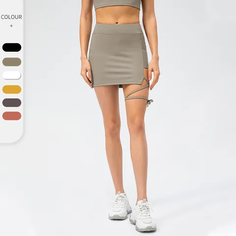 Women's Ribbed Tennis Skirt High Waist Strappy Hollow Out Athletic Skort With Built-in Shorts And Pocket Sporty Gym Fitness Bottom