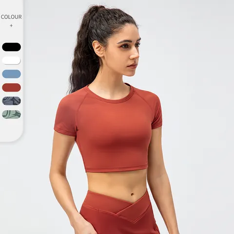 Women Slim Fit Sport Crop Top Short Sleeve Yoga T-Shirt High Elastic Breathable Running Fitness Gym Athletic Wear