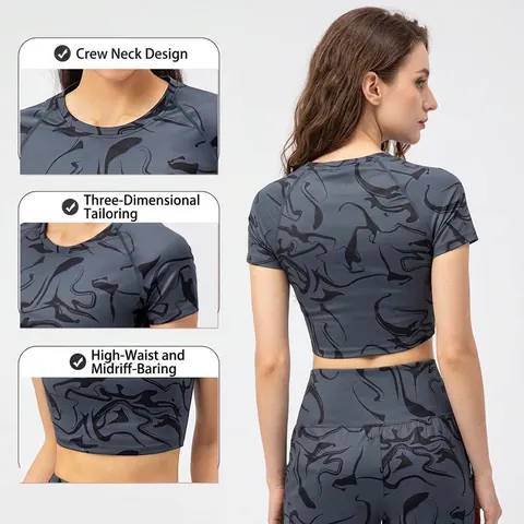 Women Slim Fit Sport Crop Top Short Sleeve Yoga T-Shirt High Elastic Breathable Running Fitness Gym Athletic Wear
