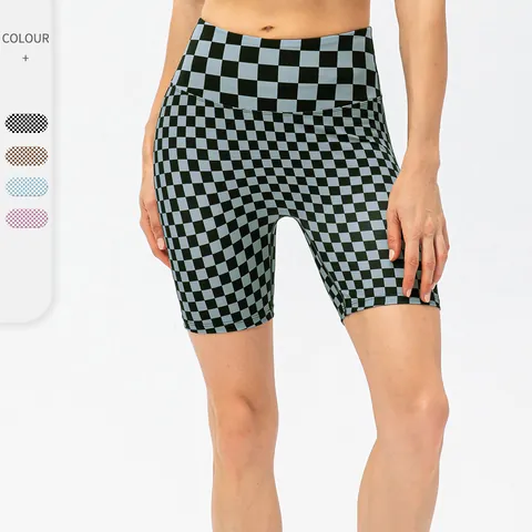 Women High Waist Checkerboard Yoga Shorts Seamless Tummy Control Biker Shorts Workout Running Gym Fitness Athletic Sports Pants