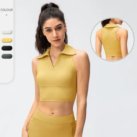 Women Lapel V-Neck Tight Yoga Vest Sleeveless Breathable Elastic Crop Top Gym Running Fitness Sport Tank Top Workout Wear