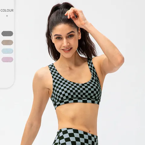 Women's Checkerboard Pattern Sports Bra With Removable Pads High Elasticity Shockproof Yoga Fitness Running Athletic Top