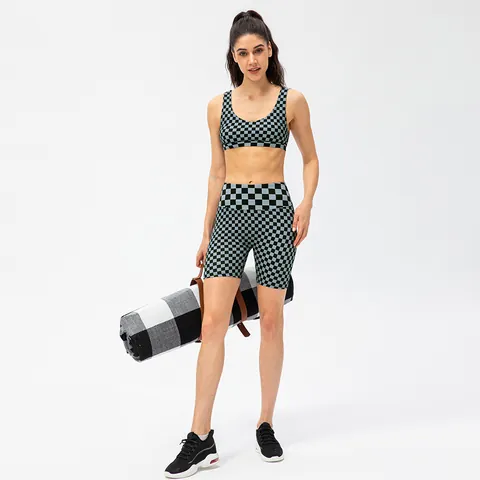 Women's Checkerboard Pattern Sports Bra With Removable Pads High Elasticity Shockproof Yoga Fitness Running Athletic Top