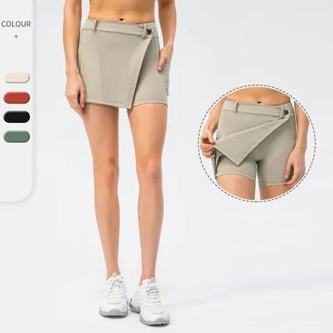 Women High Waist Sport Skort Nylon Spandex Elastic Wrap Tennis Running Skirt With Side Pockets And Decorative Button