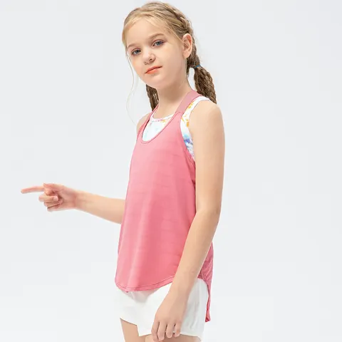 Kids Girls Breathable Mesh Sport Tank Top Racerback Quick Dry Tie Dye Two Piece Look Yoga Dance Running Vest