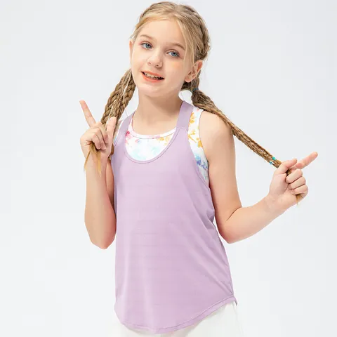 Kids Girls Breathable Mesh Sport Tank Top Racerback Quick Dry Tie Dye Two Piece Look Yoga Dance Running Vest