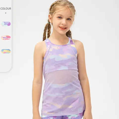 Girls Sports Tank Top Mesh Splicing Fake Two-Piece Graffiti Printed Breathable Quick Dry Yoga Dance Training Workout Vest