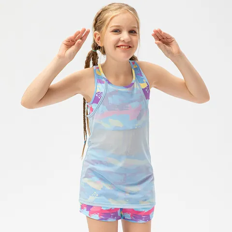 Girls Sports Tank Top Mesh Splicing Fake Two-Piece Graffiti Printed Breathable Quick Dry Yoga Dance Training Workout Vest