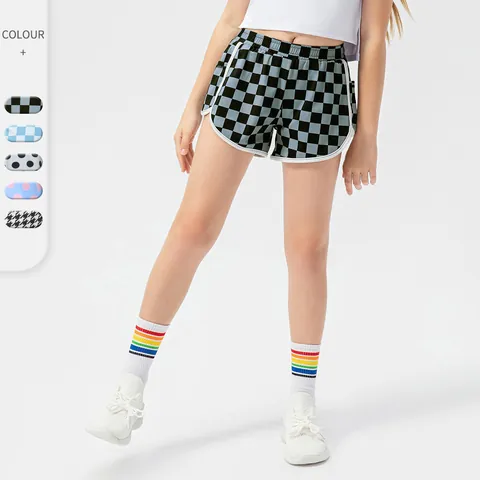 Girls Sports Shorts Checkerboard Polka Dot Nylon Spandex Elastic Waist Breathable Kids Athletic Dance Yoga Bottoms