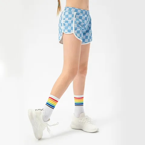 Girls Sports Shorts Checkerboard Polka Dot Nylon Spandex Elastic Waist Breathable Kids Athletic Dance Yoga Bottoms