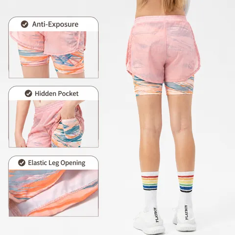 Girls Fake Two-Piece Sports Shorts Double Layer Breathable Quick Dry Yoga Running Training Fitness Shorts Kids Activewear