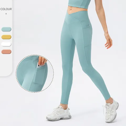 Women High Waist Yoga Leggings Ribbed Crossover Waistband Fitness Pants With Side Pockets Slimming Tummy Control Gym Bottom