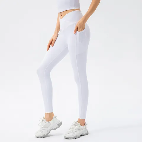 Women High Waist Yoga Leggings Ribbed Crossover Waistband Fitness Pants With Side Pockets Slimming Tummy Control Gym Bottom