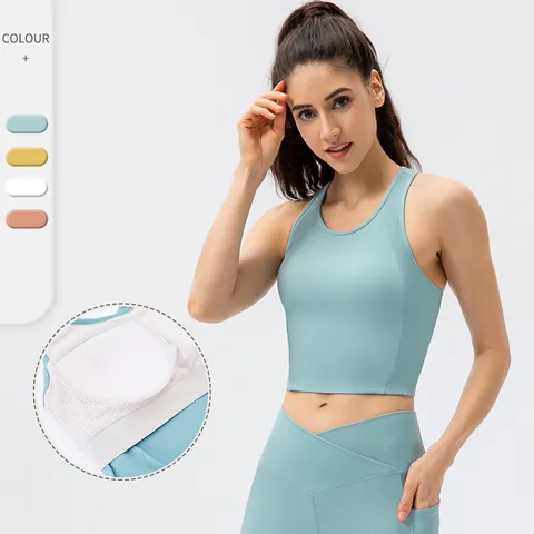 Women High Impact Ribbed Athletic Yoga Tank Top With Built-in Pad Nylon Spandex Seamless Racerback Sports Bra Crop Top Gym