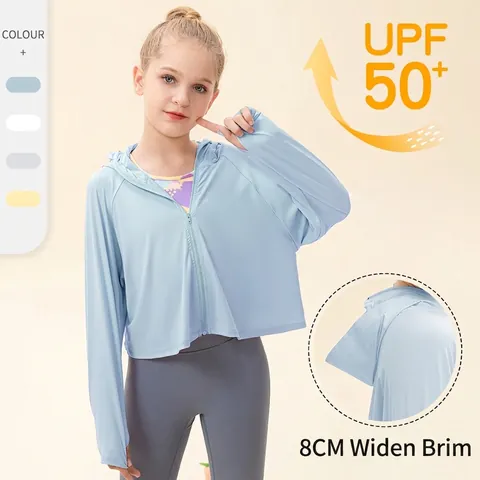 Kids Ice Silk Sun Protection Jacket UPF 50 Plus Hooded Lightweight Breathable Outdoor Cycling Sport Top With Wide Brim Thumb Holes For Boys Girls