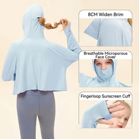 Kids Ice Silk Sun Protection Jacket UPF 50 Plus Hooded Lightweight Breathable Outdoor Cycling Sport Top With Wide Brim Thumb Holes For Boys Girls