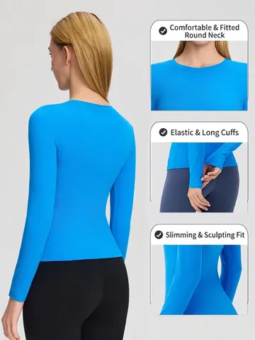 Women Slim Fit Yoga T-Shirt Long Sleeve Workout Top High Stretch Breathable Brushed Fabric Fitness Running Sportswear