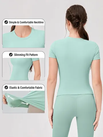 Dames Slim Fit Yoga T-Shirt Ronde Hals Sneldrogend Korte Mouw Activewear Top 80% Nylon 20% Elastaan Workout Gym Hardlopen