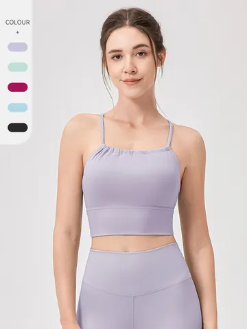Women Ruched Front Halter Neck Sports Bra Criss Cross Back Padded Yoga Tank Top Wireless Fitness Running Workout Top